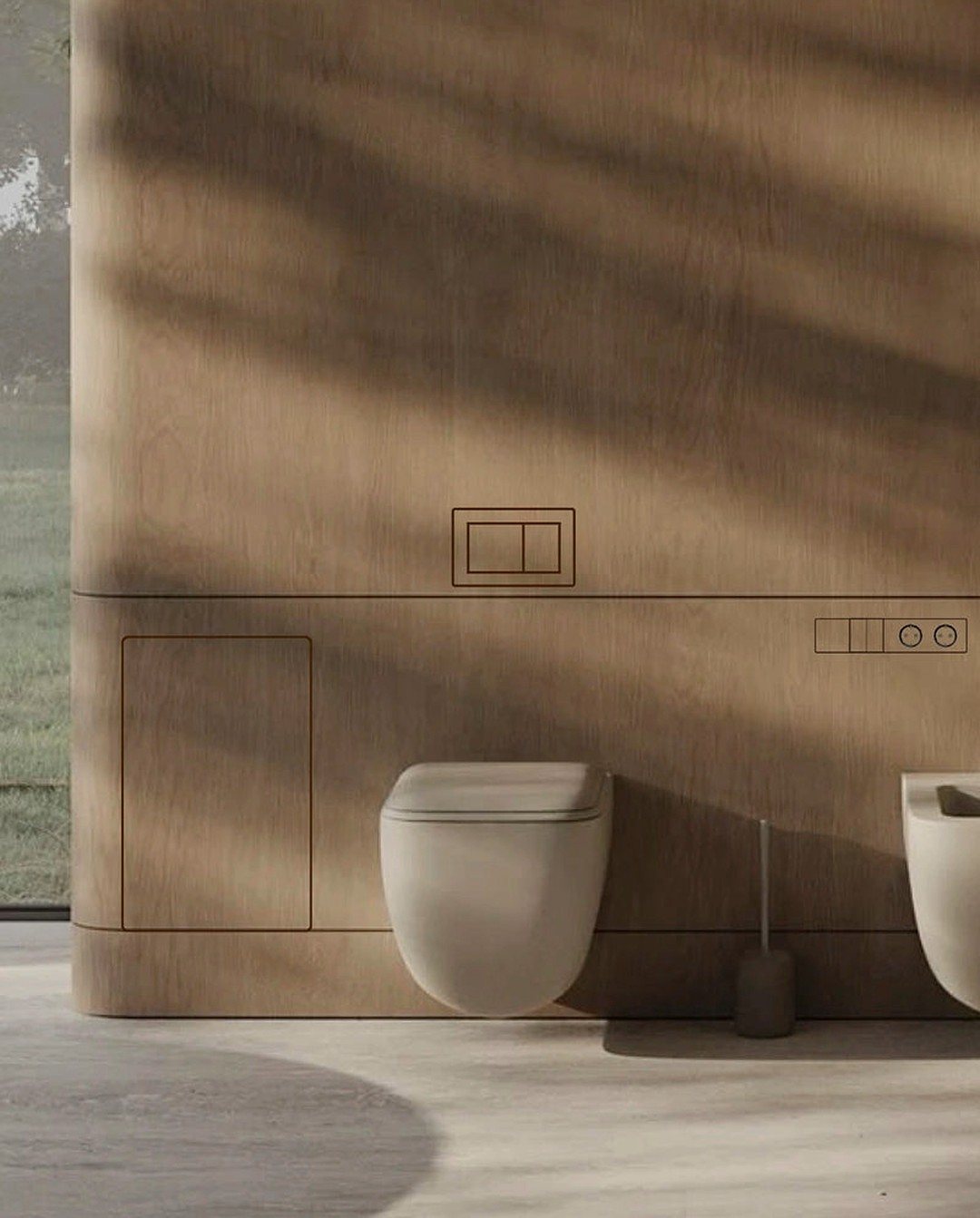 Bathroom with a concealed WC flush plate, tile-flush access panel, integrated ventilation and invisible socket and switch covers